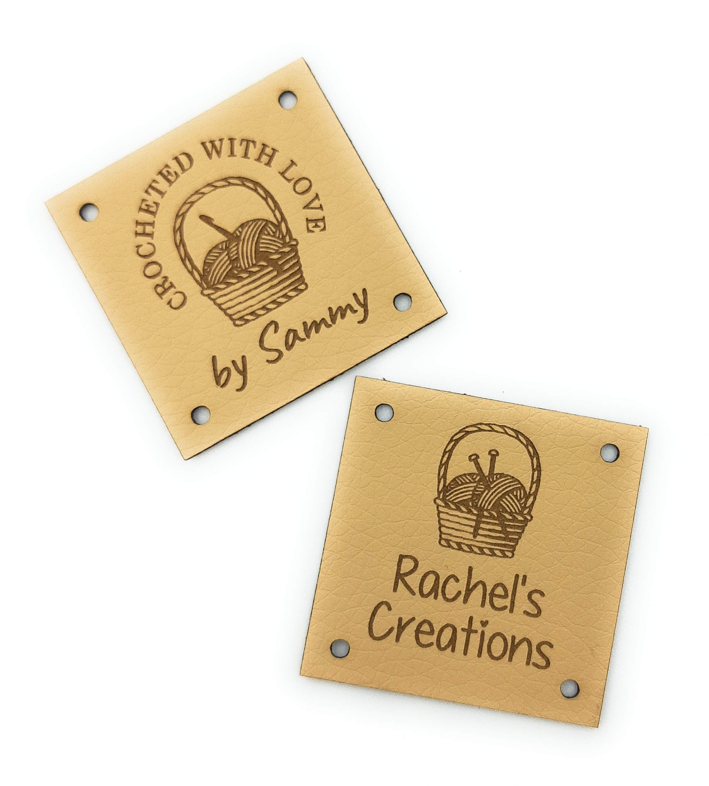 Vegan Leather Tags & Custom Sewing Labels for Handmade Items - Personalized Crochet & Knitting Labels, 25-Piece Set with Various Sizes & Shapes - Perfect for DIY Crafts, Gift Tags & Clothing Branding