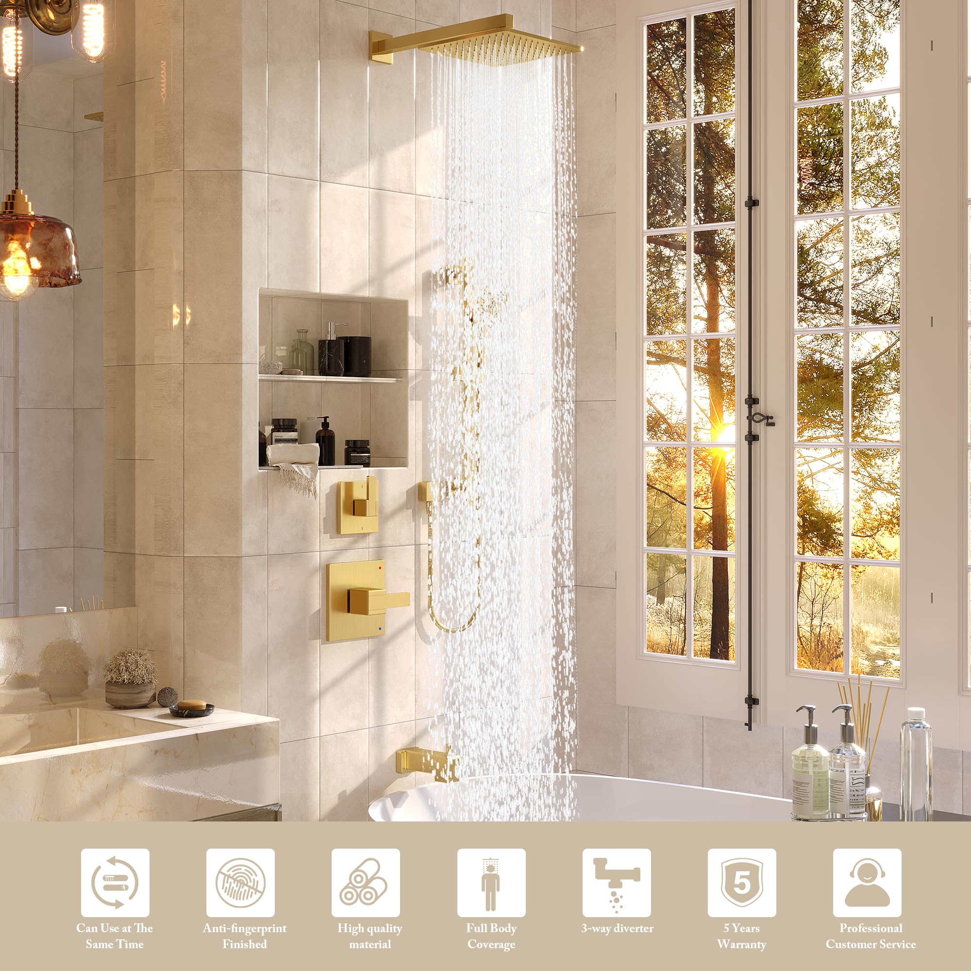 Gabrylly 10-Inch Rain Shower Head with Handheld Spray Combo, Brushed Gold Bathtub Shower Faucet Set with Slide Bar & Valve - Perfect for Modern Bathroom Renovations & Spa-Like Shower Experience