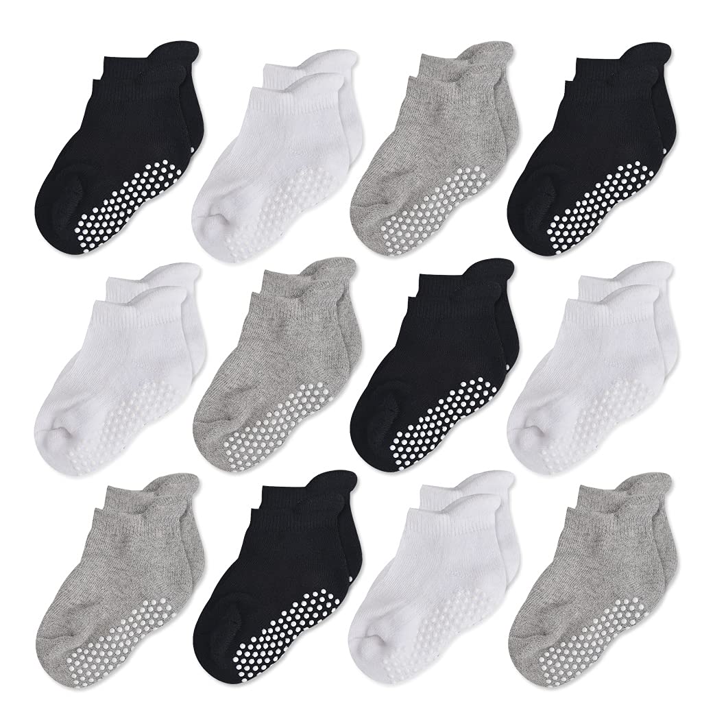 EPEIUS Non-Slip Baby Socks for Toddlers - 6/12 Pack Thick Warm Cotton Ankle & Crew Socks with Grips for Boys & Girls - Perfect for Crawling, Playtime and Indoor Activities