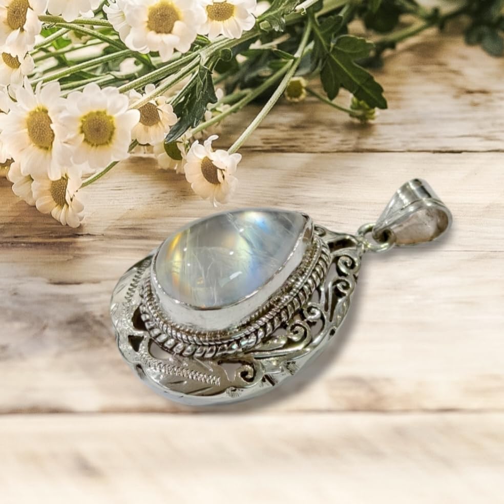 Handmade 925 Sterling Silver Moonstone Pendant Necklace for Women & Men - Tribal Design Fashion Jewelry Gift for Birthday, Anniversary & Special Occasions