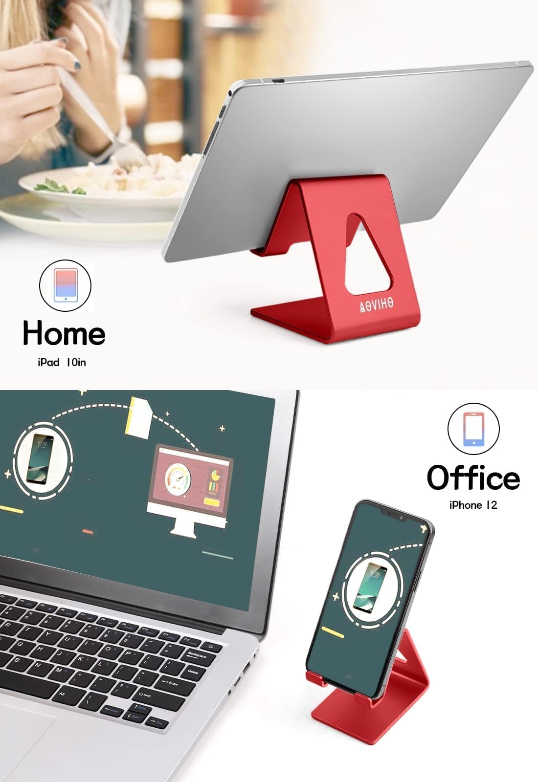 Aluminum Phone Stand Holder for Desk - Universal Mobile Phone Cradle Dock Compatible with iPhone 14/13/12/11/X/8/7/6/SE & Samsung Galaxy - Red - Perfect for Office, Home & Car Use