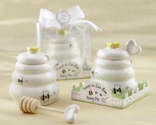 Kate Aspen Sweet As Can Bee Ceramic Honey Pot with Wooden Dipper - 48 Sets for Wedding Favors, Bridal Shower Gifts & Kitchen Decor