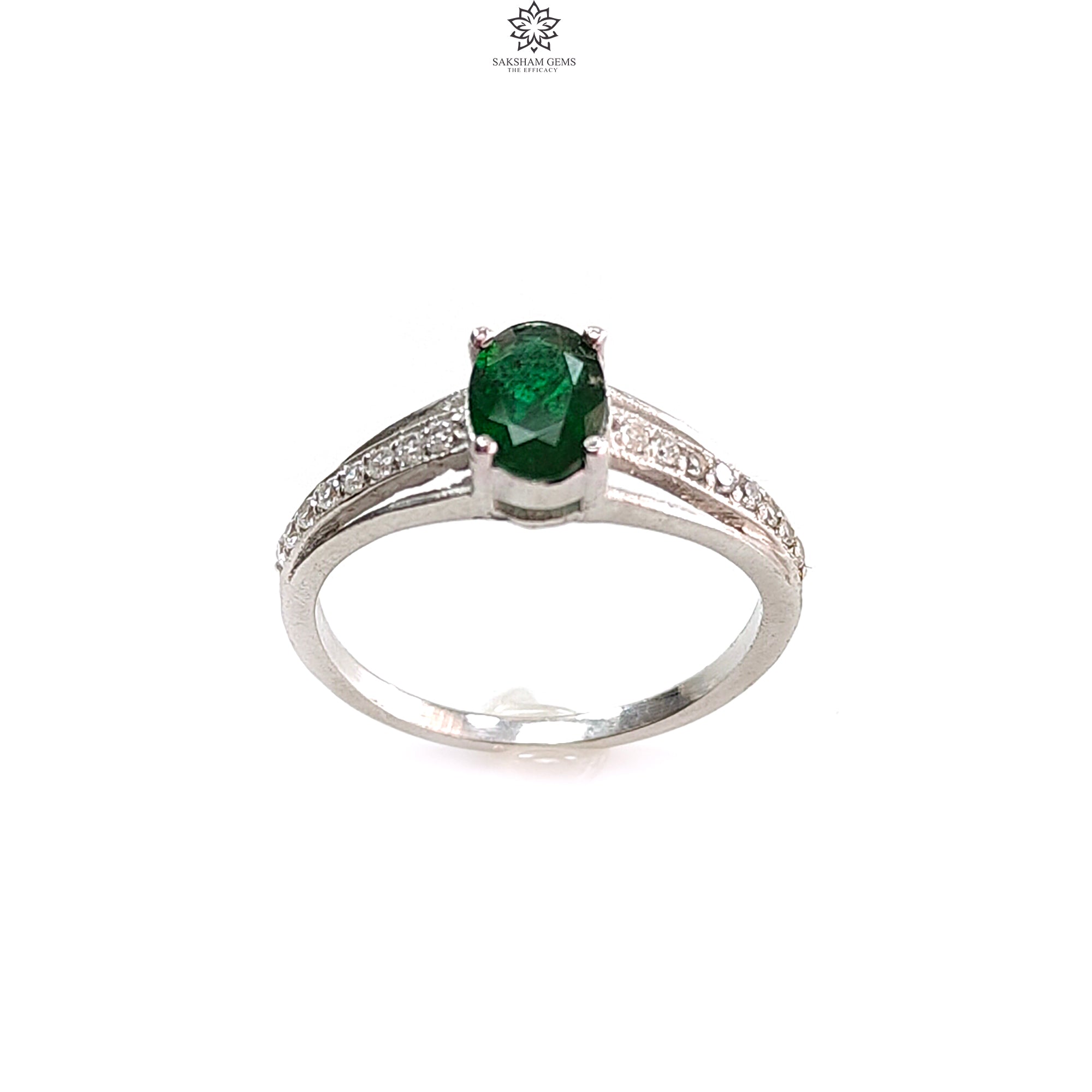 Natural Untreated Emerald Oval Faceted Cut Ring - 925 Sterling Silver Prong Set with CZ Stones (1.84g, Size 7 US) - Elegant Jewelry for Women, Perfect for Weddings, Parties & Special Occasions