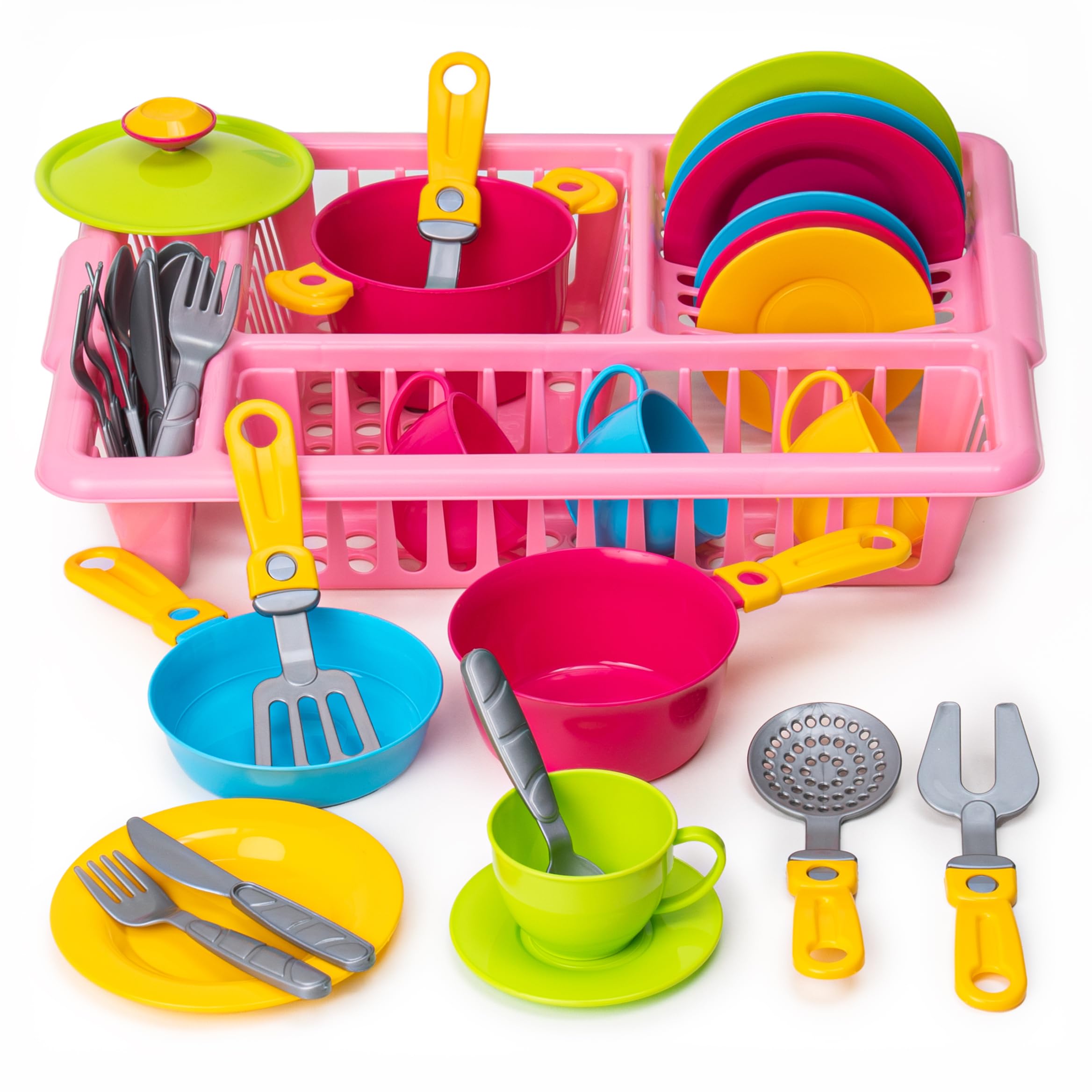 Colorful 33-Piece Kids Pretend Play Kitchen Dishes Set with Drainer - Durable Toy Cookware & Tableware for Toddlers | Perfect for Role Play, Tea Parties & Learning Fun (Pink)