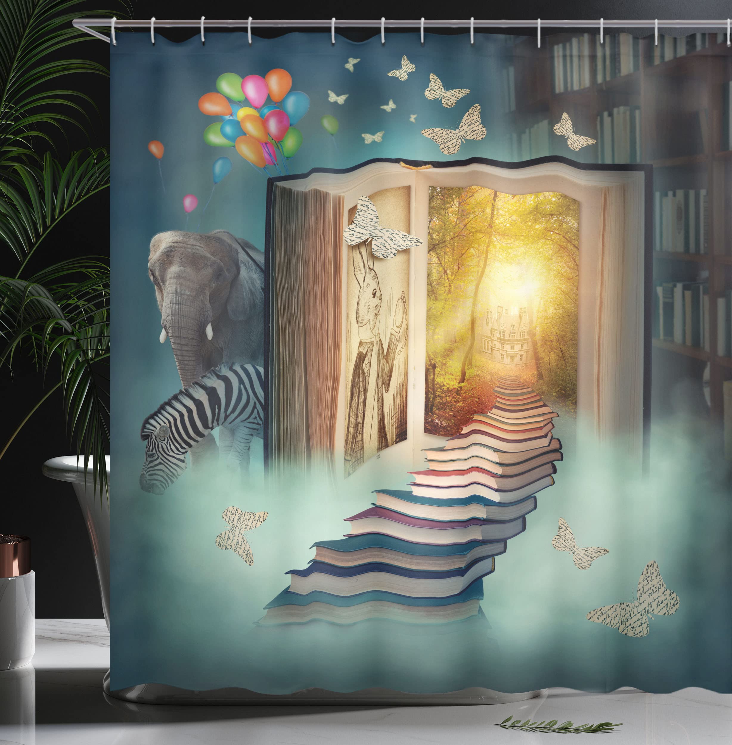 Ambesonne Fantasy Shower Curtain - Magic Book Forest with Balloons, Zebra & Butterflies Design, 69x75 Inch Teal & Yellow Bathroom Decor Set with Hooks | Waterproof Fabric for Kids & Adults Bathroom Decor
