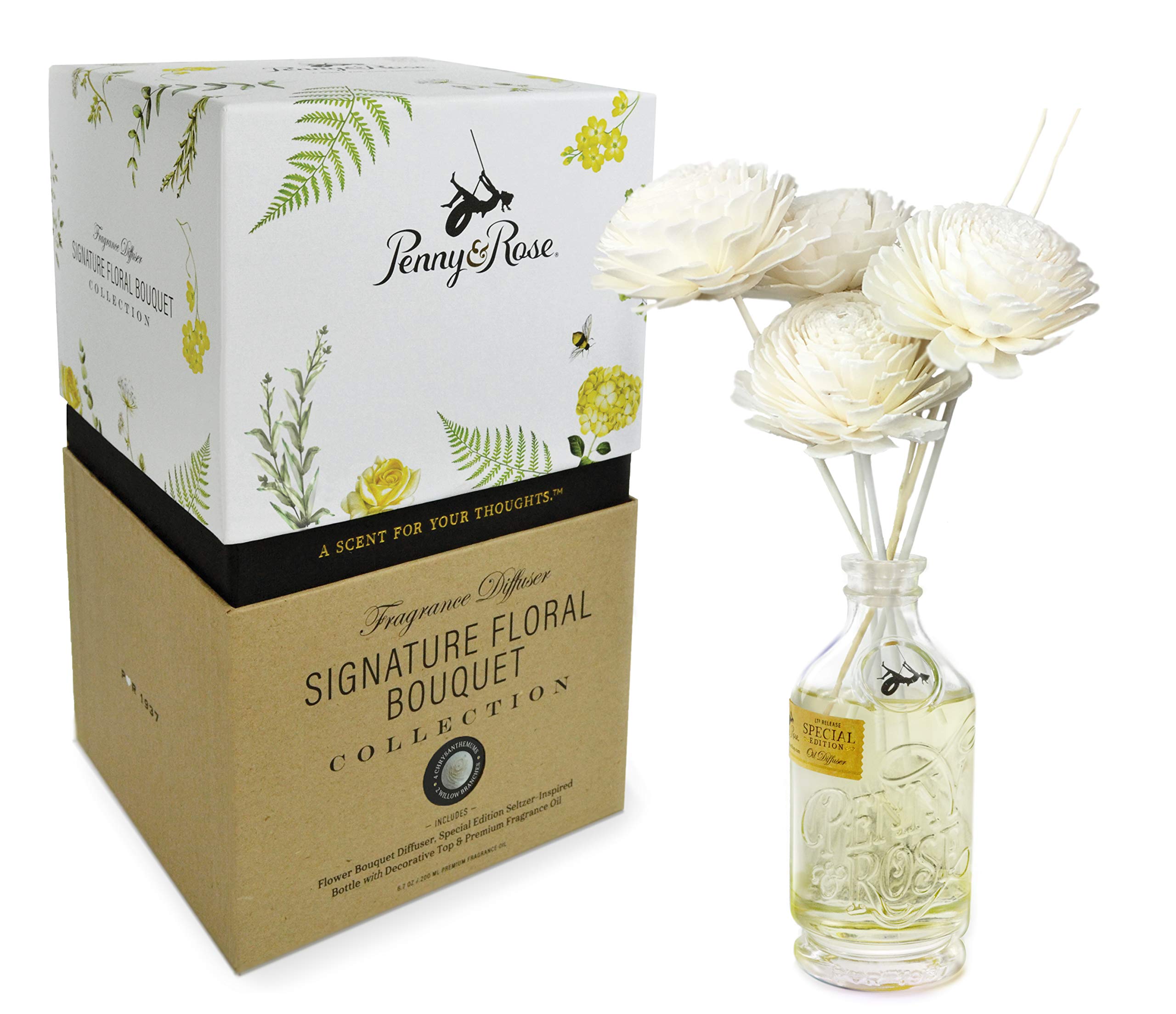 Penny & Rose Chrysanthemum Reed Diffuser with Springhouse Watermelon Essential Oil Scent | Aromatherapy Home Decor for Living Room, Bedroom & Office