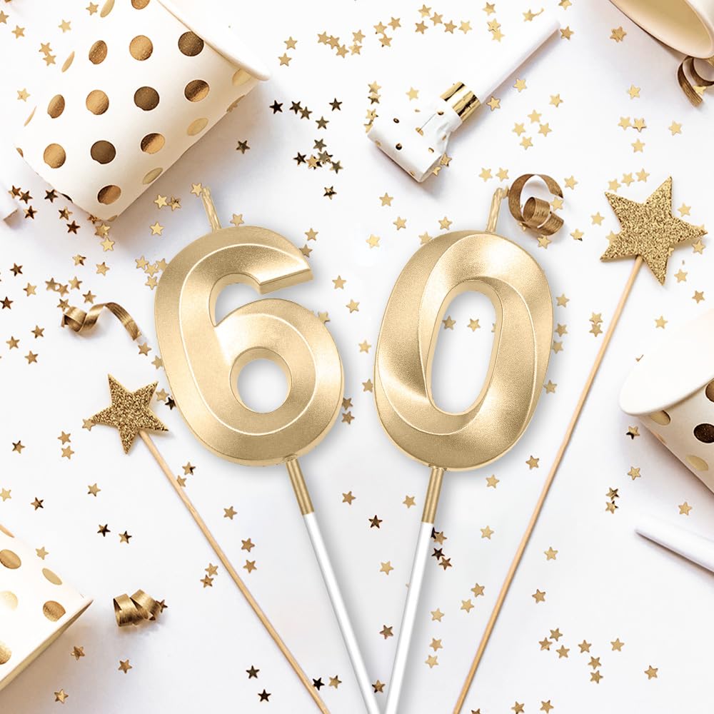 60th Birthday Candles Numbers - Champagne Gold Cake Toppers for Birthday Parties, Weddings & Anniversaries - Perfect for Cake Decorations & Celebration Supplies