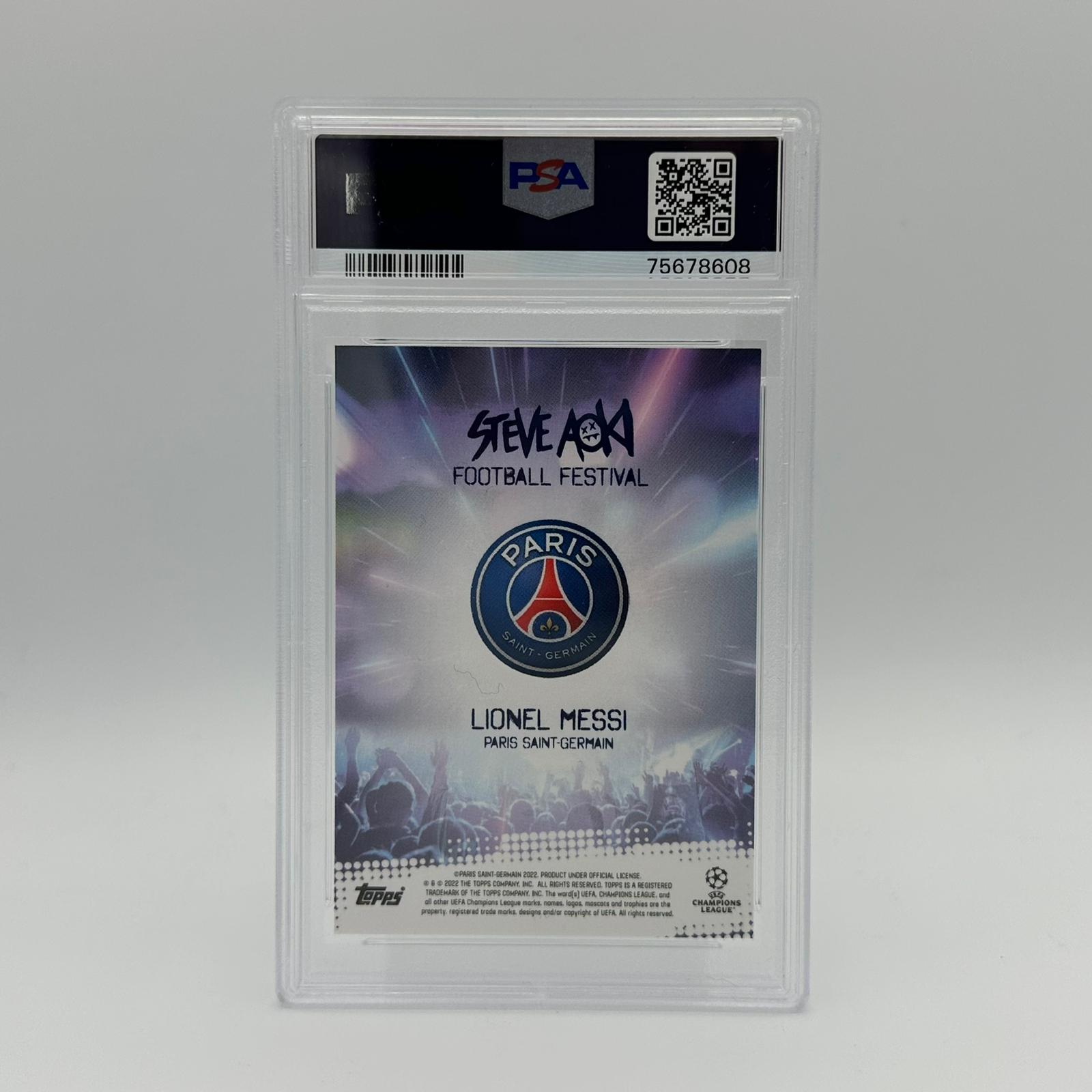 PSA 10 Lionel Messi & Steve Aoki 1/1 Football Festival Foil Card - Rare Collectible for Soccer Fans & Memorabilia Enthusiasts - Perfect for Display, Investment & Sports Collections