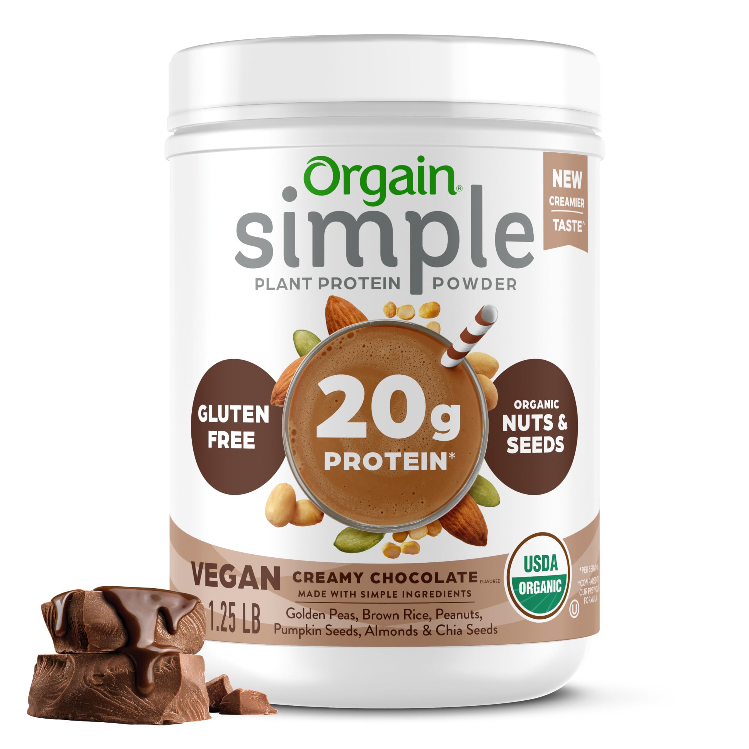 Orgain Organic Simple Vegan Protein Powder, Chocolate Flavor - 20g Plant-Based Protein Powder, Gluten Free, Dairy Free, No Artificial Sweeteners, 1.25 lb (Packaging May Vary) | Ideal for Smoothies, Baking & Post-Workout Recovery