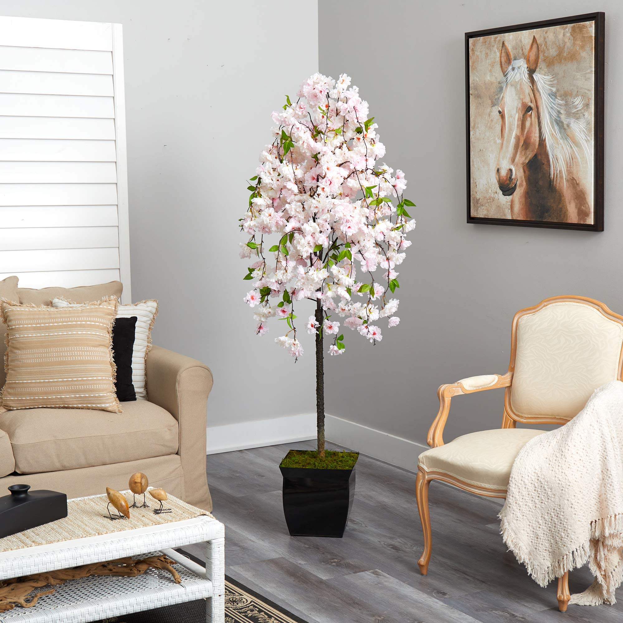 Nearly Natural 70in Artificial Cherry Blossom Tree in Black Metal Planter - Perfect for Home Decor, Office, Wedding & Indoor/Outdoor Use