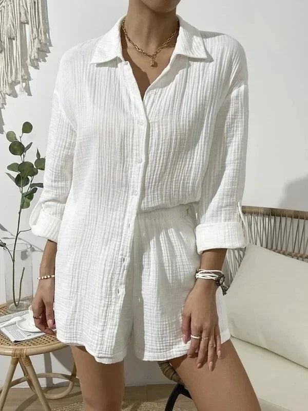 100% Cotton Women's 2-Piece Gauze Muslin Set - Long Sleeve Shirt & High Waist Loose Shorts | Summer Casual Outfit, Beach Cover-Up, Lounge Wear