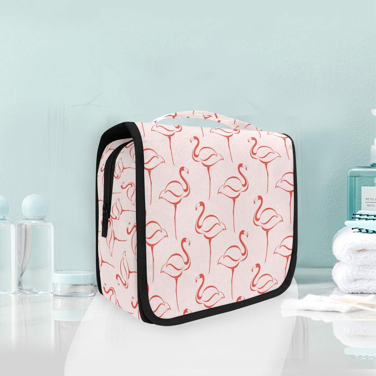 MOYYO Travel Hanging Toiletry Bag - Pink Flamingo Cosmetic Makeup Organizer | Waterproof Shower Bag for Women & Girls | Perfect for Vacation, Gym, Camping & Business Trips
