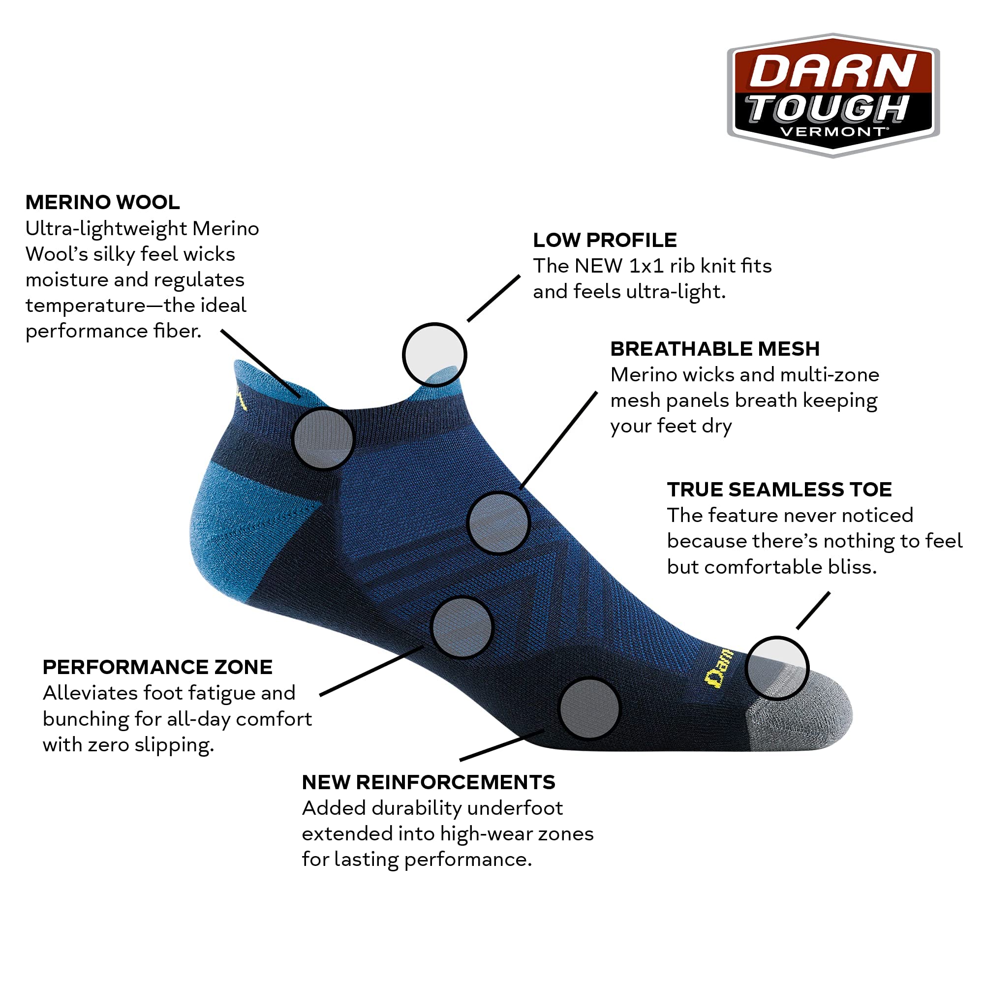 Darn Tough Men's Ultra-Lightweight Cushioned Run No Show Tab Socks - Medium White Merino Wool Running Socks for Athletes & Outdoor Enthusiasts - Perfect for Jogging, Hiking & Daily Wear