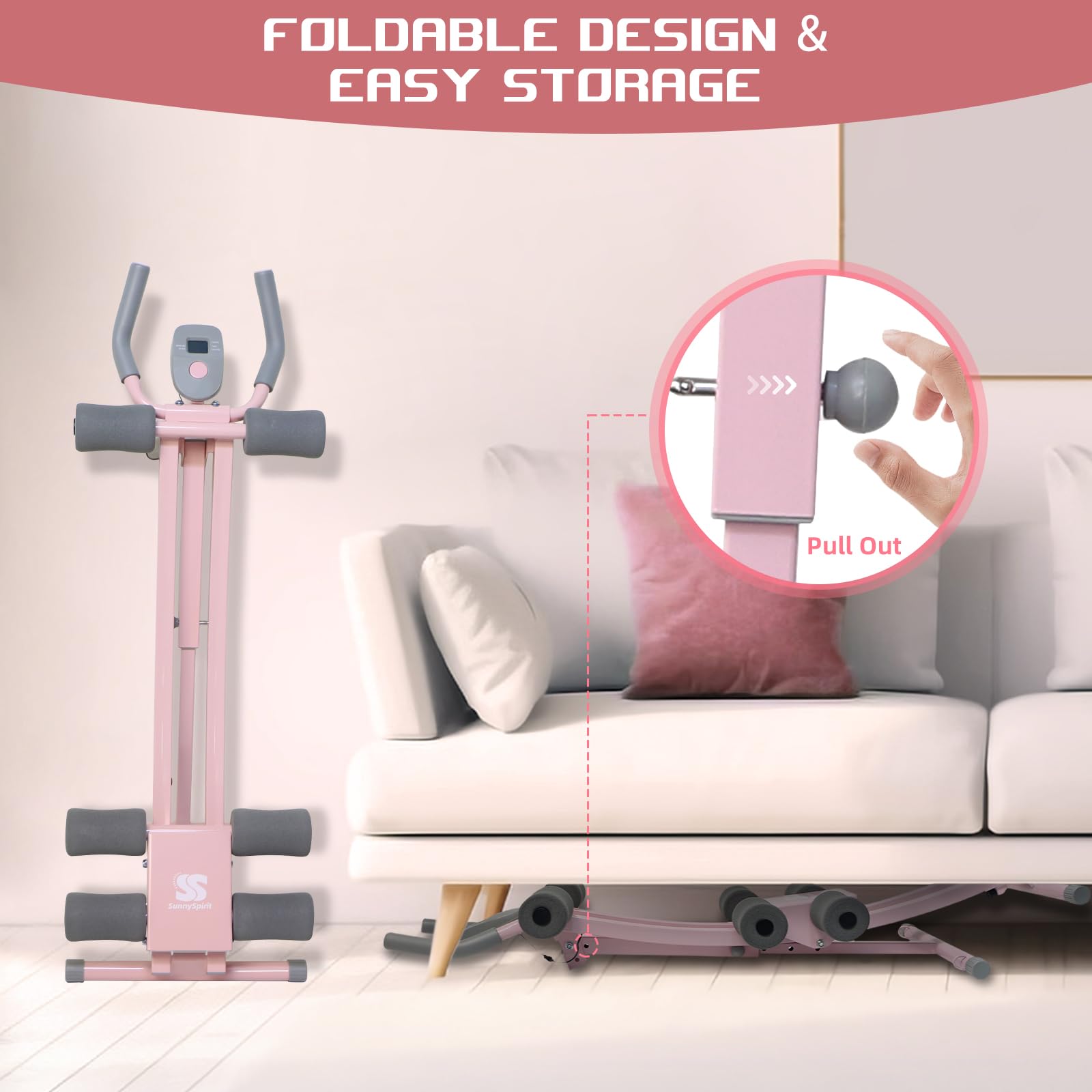Ergonomic Dual-Track AB Workout Machine for Women - Pink Abdominal Trainer with LED Display & Adjustable Resistance - Perfect for Home Gym, Core Strengthening, and Toning Stomach Muscles