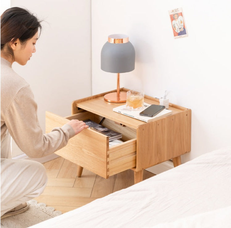 Solid Oak Wood Nightstand with Built-in USB Outlet - Perfect for Bedroom, Living Room, or Office Use