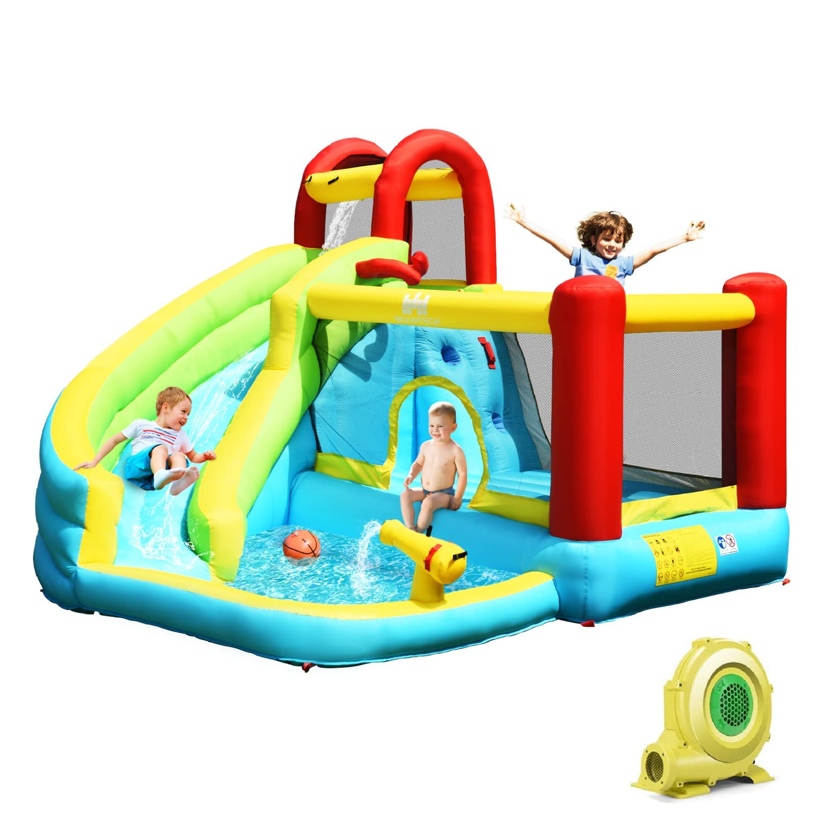 HONEY JOY Inflatable Water Slide with Splash Pool, Climbing Wall & Slides - Outdoor Water Bounce House for Kids & Adults - 480W Blower Included - Perfect for Backyard Parties, Summer Fun & Family Gatherings