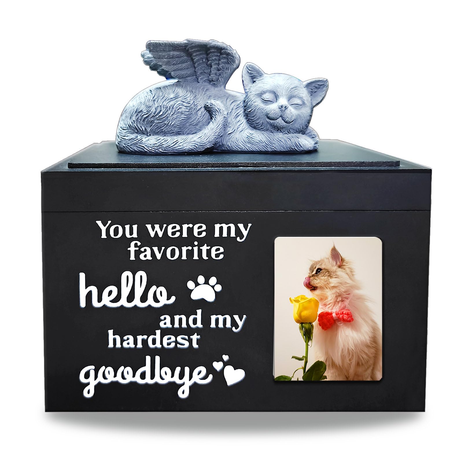 Premium Wooden Cat Urn for Ashes - Elegant Black Pet Cremation Box with Angel Charm | Memorial Keepsake for Beloved Cats | Perfect for Home Memorials & Pet Loss Comfort