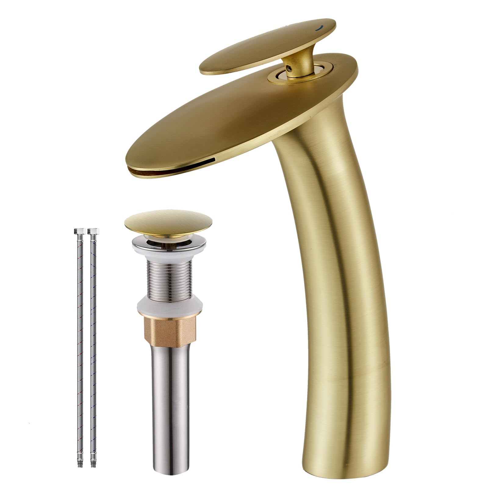 Wovier Brushed Gold Waterfall Bathroom Sink Faucet with Pop-Up Drain - Single Handle Brass Vanity Faucet for Bathroom & Powder Room - Tall Slanted Basin Mixer Tap with Supply Hoses - Perfect for Modern Bathrooms, Guest Suites & Luxury Home Renovations