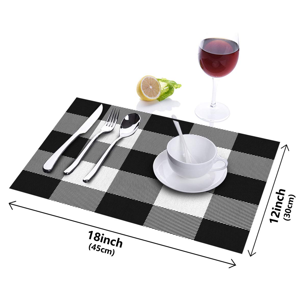 Geometric Placemats Set of 4 - Black White Plaid Linen Burlap Washable Table Mats for Dining & Kitchen - Protect Tables from Spills & Stains | Perfect for Everyday Meals, Dinner Parties & Holiday Gatherings