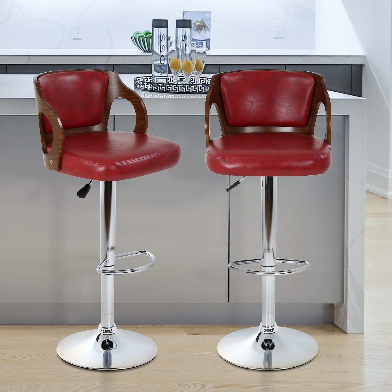 Dkelincs Adjustable Swivel Bar Stools Set of 2 - Counter Height Barstools with Backrest & Arms, Modern PU Leather Hydraulic Stool for Kitchen Island, Breakfast Bar & Dining Room - Red (Home & Commercial Use)