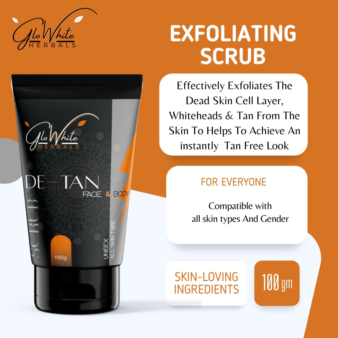 GloWhite Herbals Deep Exfoliating De-Tan Face Scrub for Blackheads & Tan Removal - Brightening Facial Cleanser with Micro Peeling Beads to Even Skin Tone, Reduce Dark Spots & Control Oil | Perfect for Daily Skincare Routine & Post-Sun Care