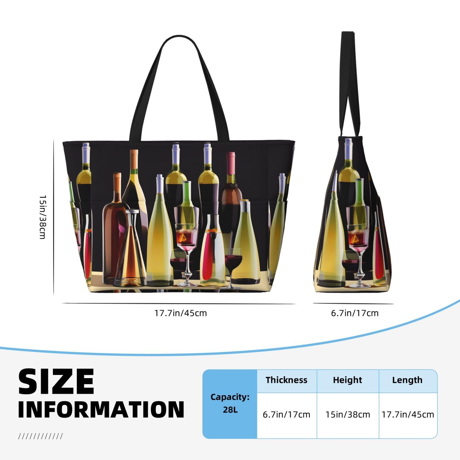 **Waterproof Gym Shoulder Bag with Cocktail & Wine Print - Large Fashion Beach Tote for Women, Summer Travel, Work & Shopping (Black, One Size)**    *Perfect for gym, beach trips, travel, work, shopping & casual outings!*