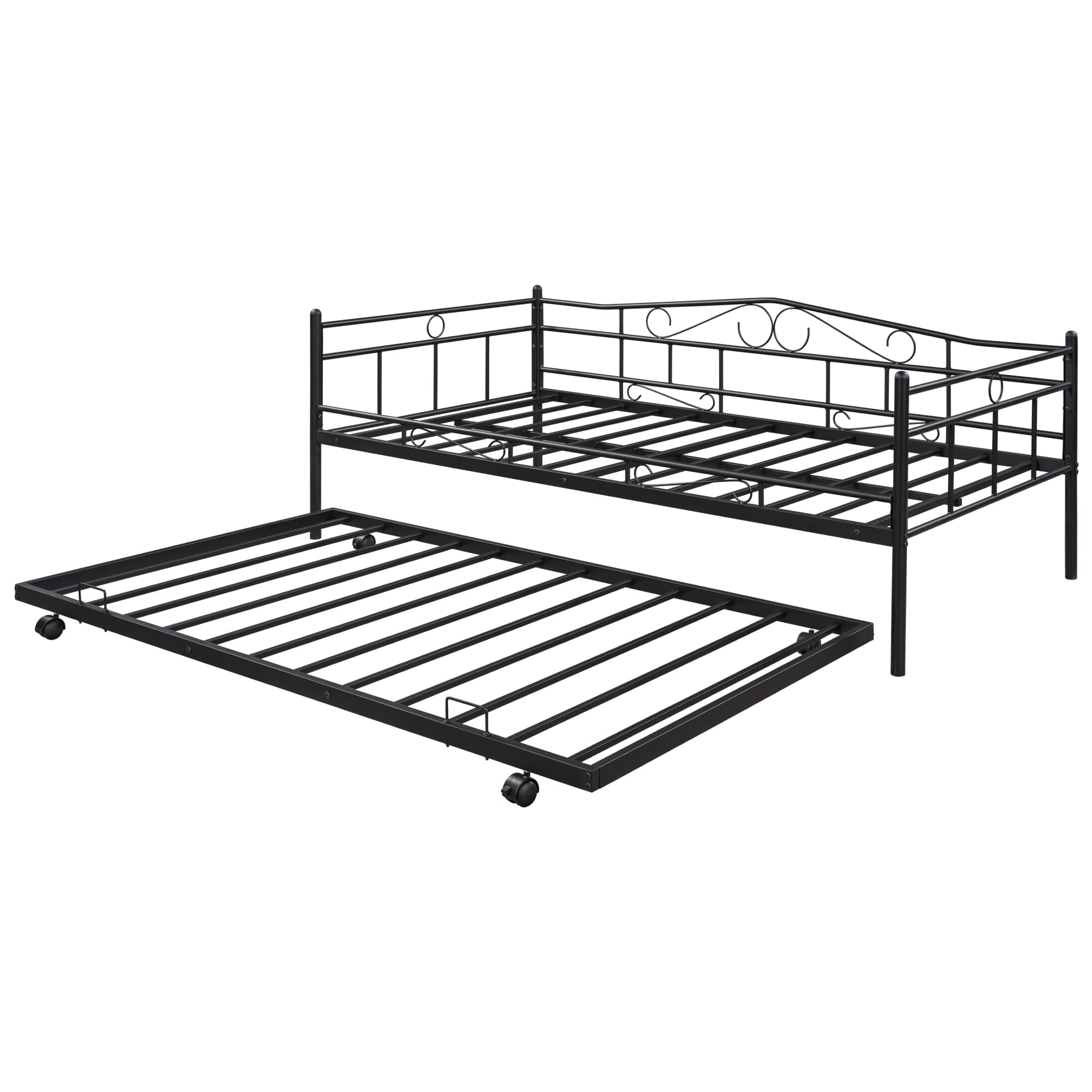 Twin Size Metal Frame Daybed with Pull-Out Trundle - Sturdy Sleeper Sofa for Teens & Adults - Perfect for Living Rooms, Guest Rooms & Small Spaces (Black)
