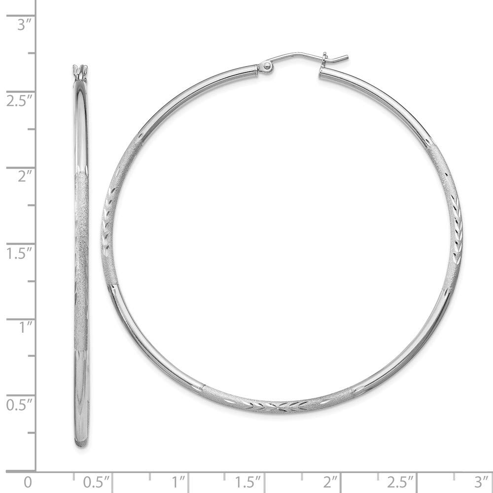 Sterling Silver Rhodium-Plated 2mm Satin & Diamond Cut Hoop Earrings for Women - Elegant Everyday Jewelry for Work, Party & Special Occasions