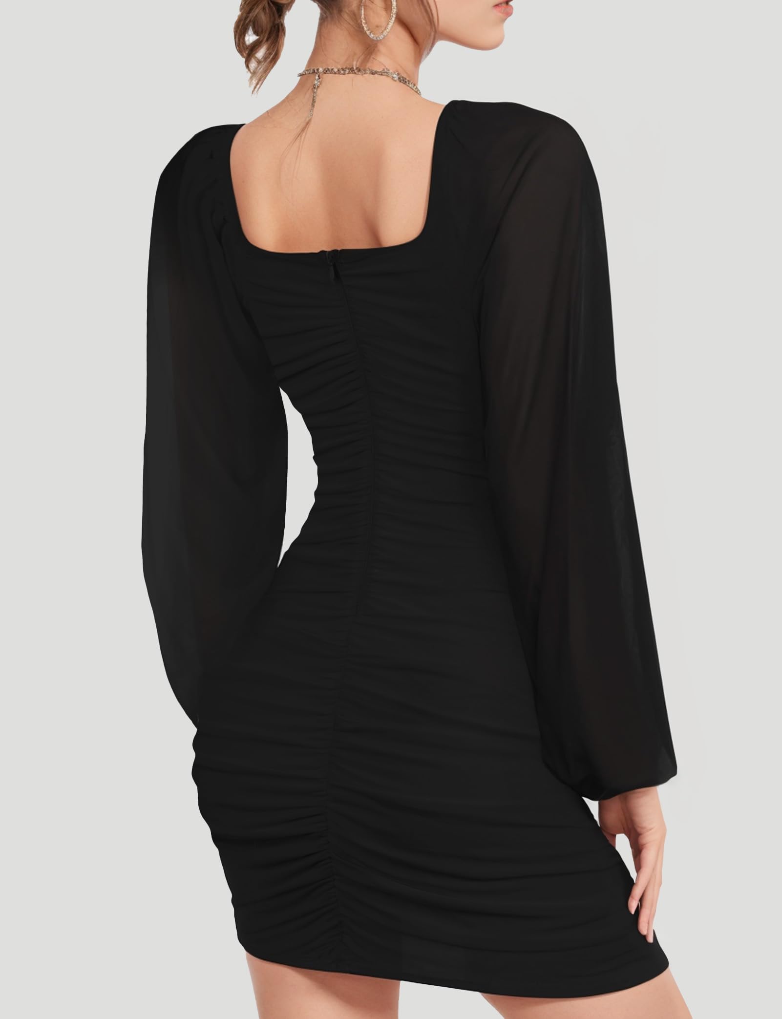 Women's Sexy Mesh Long Sleeve Bodycon Dress - White, Black, Pink, Green - Square Neck Ruched Cocktail Party Dress for Club, Prom, Banquet & Formal Events | Perfect for Summer, Spring & Fall | Teen Girls & Women's Elegant Night Out Dresses