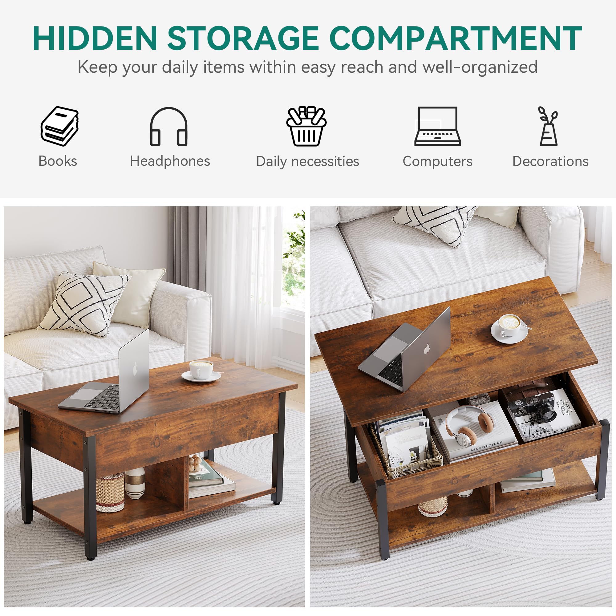 YITAHOME Lift Top Coffee Table with Large Hidden Storage - Rustic Brown Wood Lift-Up Center Table for Living Room & Office - Perfect for Small Spaces, Storage Solutions, and Multi-Functional Use