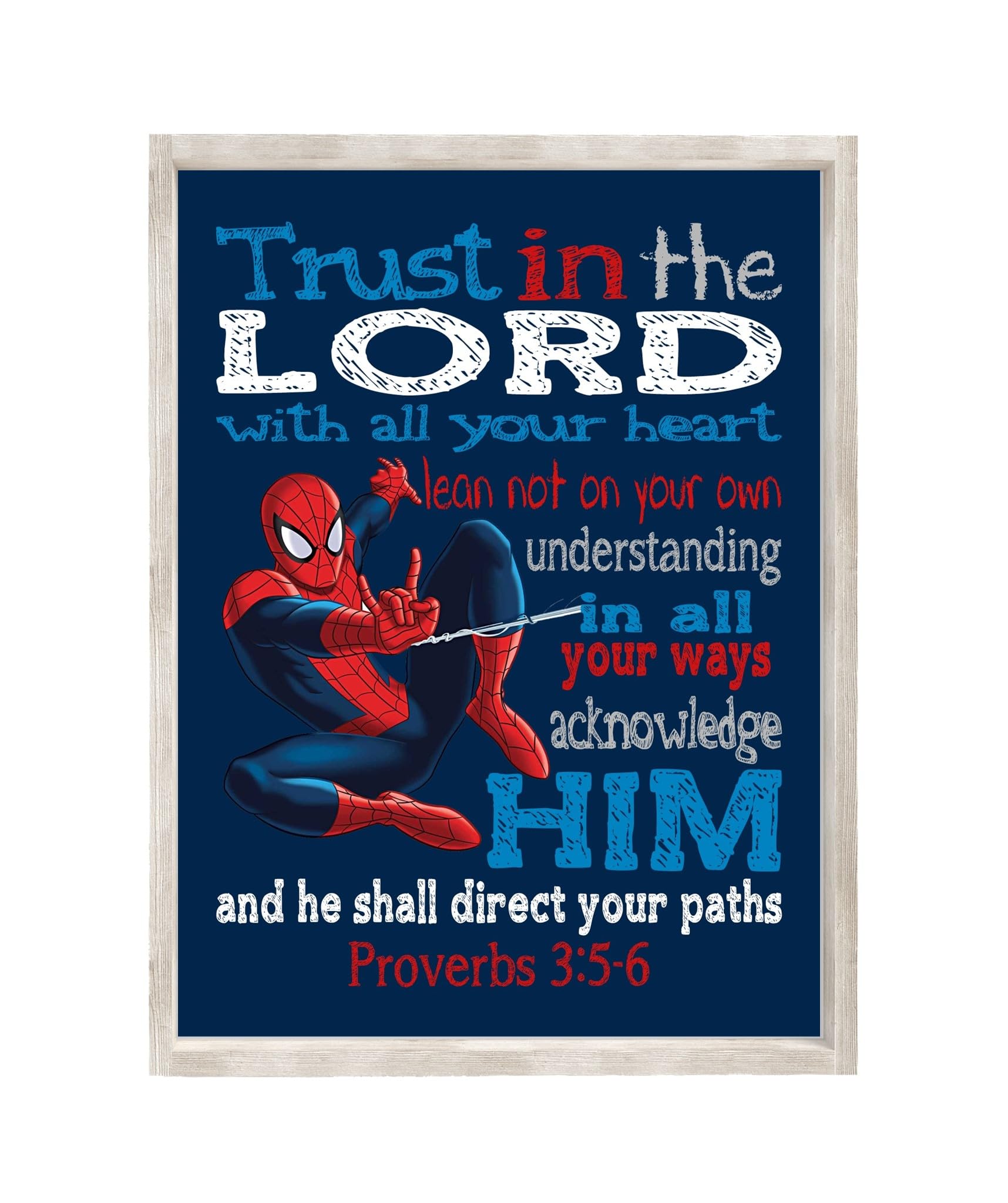 Spider-Man Superhero Christian Nursery Wall Art - Unframed Print with Bible Verse Proverbs 3:5-6 - Inspirational Kids Room Decor for Baby Boy's Bedroom & Sunday School Classroom