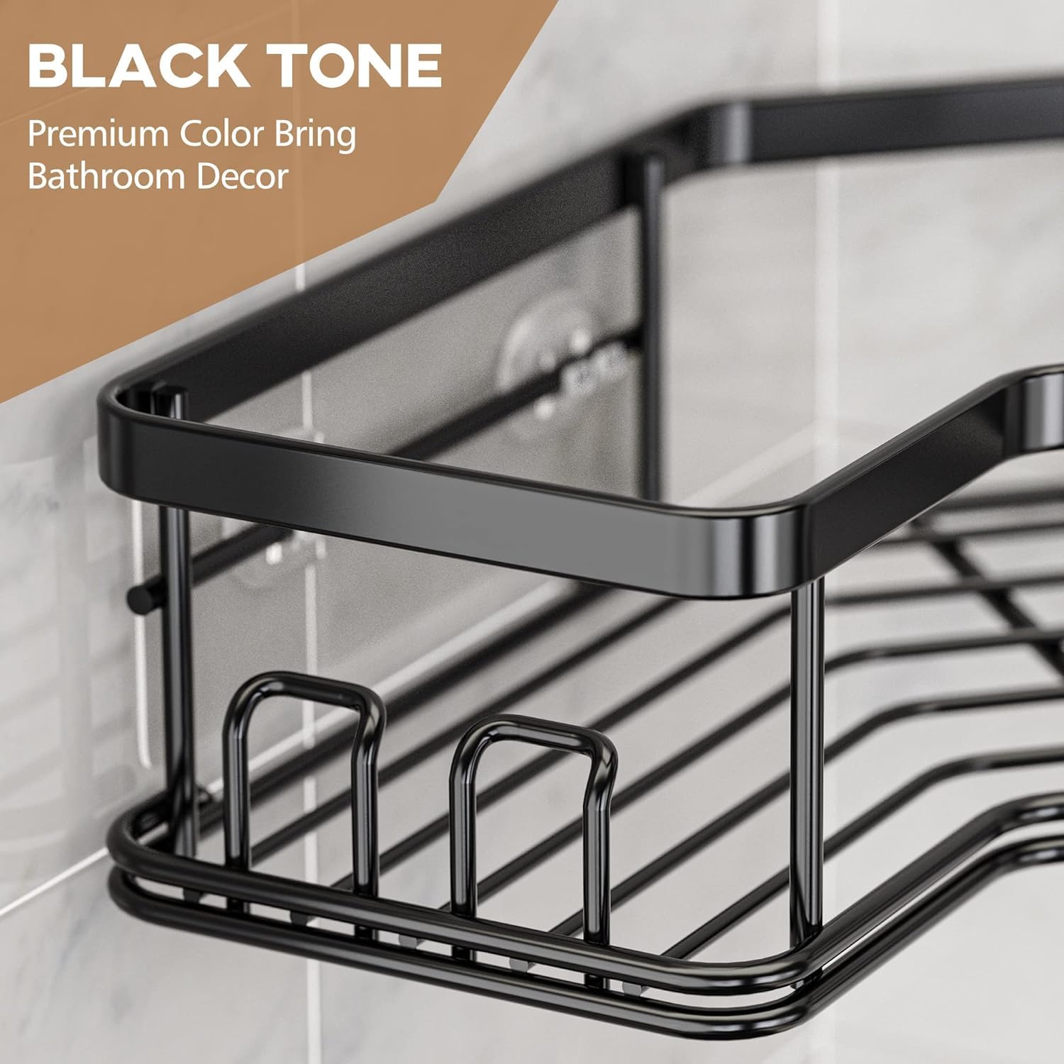 Adhesive Shampoo Bottle Organizer Rack - 8 Hook Corner Shower Shelf for Bathroom Storage | Space-Saving Bathroom Organizer with Strong Adhesive (Black) | Perfect for Small Bathrooms, Showers & Vanity Organization