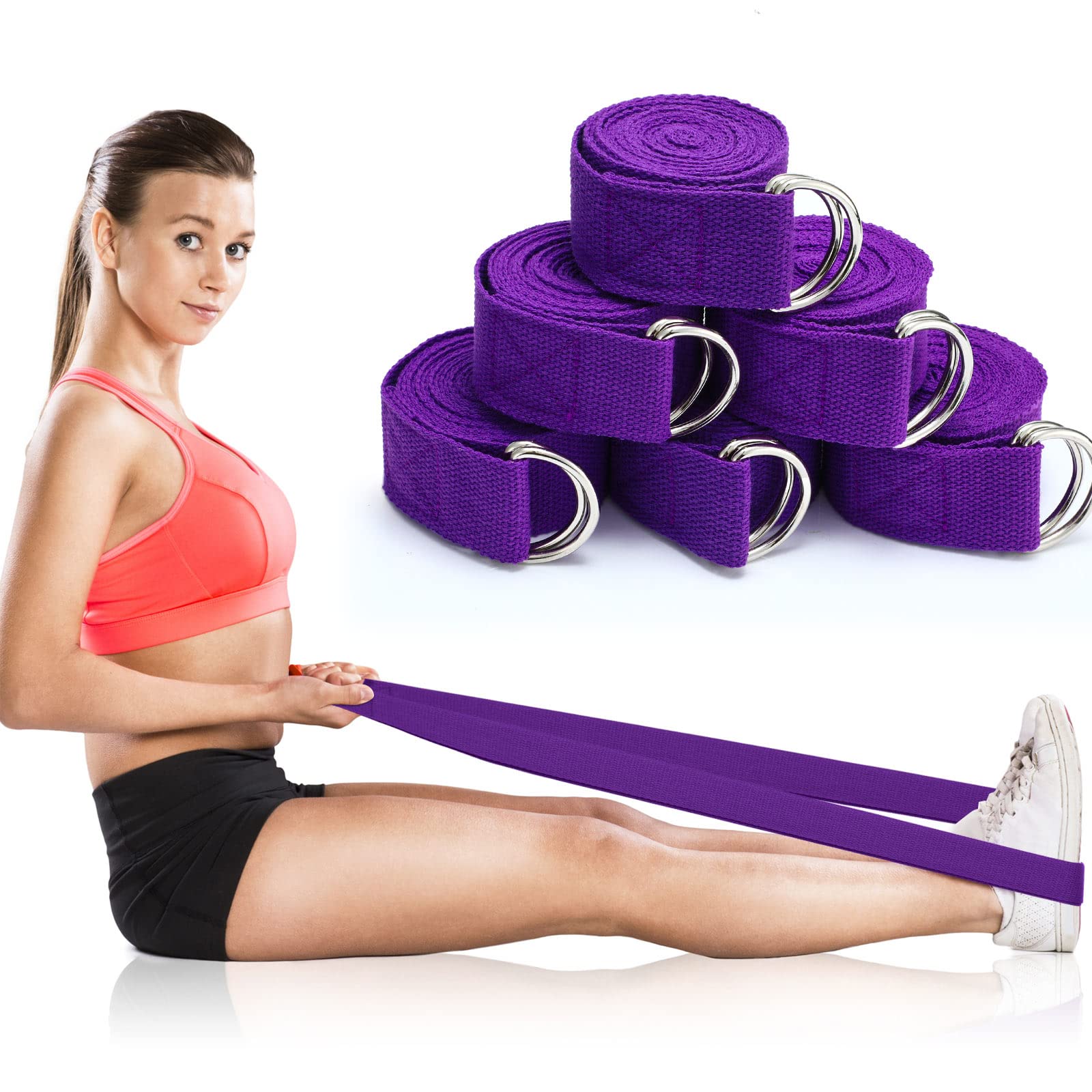 6-Pack 8FT Yoga Straps with Adjustable D-Ring Buckle - Stretching Bands for Yoga, Pilates, Gym Workouts & Posture Improvement - Ideal for Home Fitness, Studio Training & Physical Therapy Sessions