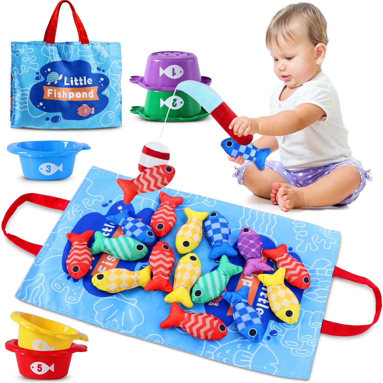 Montessori Toys for 1 Year Old - 22PCS Educational Cloth Fishing Game for Toddlers 1-3 with Stacking Cups | Baby Learning Toy for Number Counting, Color Sorting & Shape Recognition | Perfect Gift for Boys & Girls | Ideal for Early Childhood Development & Sensory Play