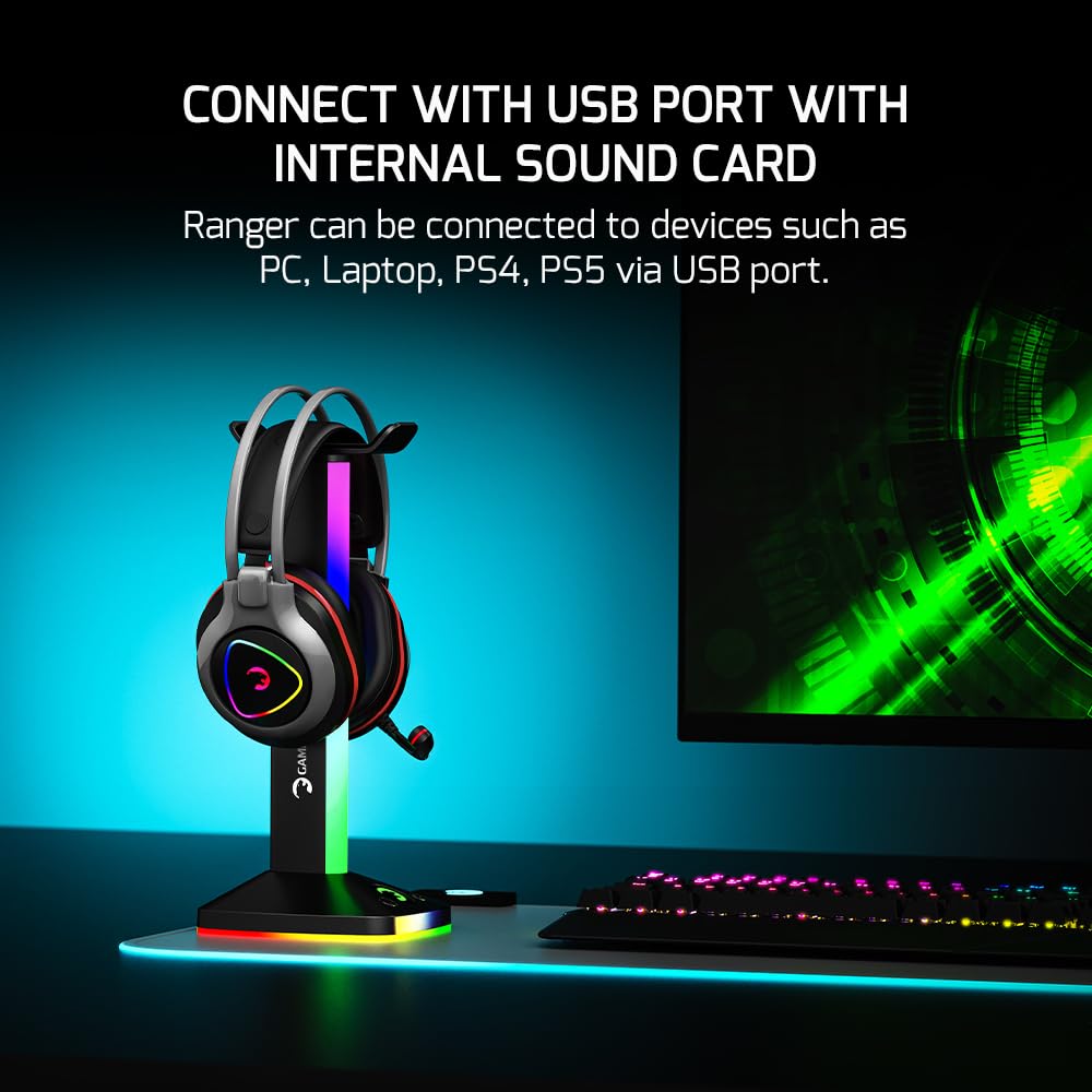 GAMEPOWER Ranger USB Gaming Headset with 7.1 Virtual Surround Sound - Wired RGB LED Headphones, 53MM Drivers, 360 Spatial Audio & Noise Cancelling Mic for PC, PS4, PS5 (Black) - Perfect for Competitive Gaming & Immersive Entertainment