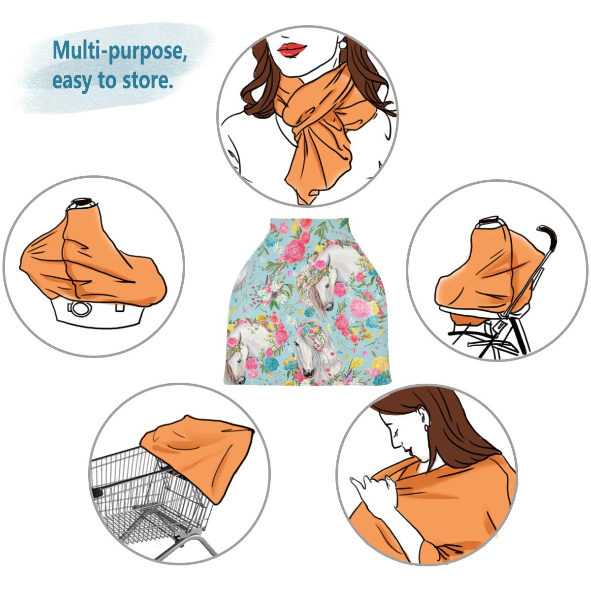 Horse & Flower Baby Car Seat Cover - Soft, Breathable & Stretchy Nursing Cover for Breastfeeding - Universal Stroller Cover for Boys & Girls - Perfect for Travel, Shopping & Outdoor Activities