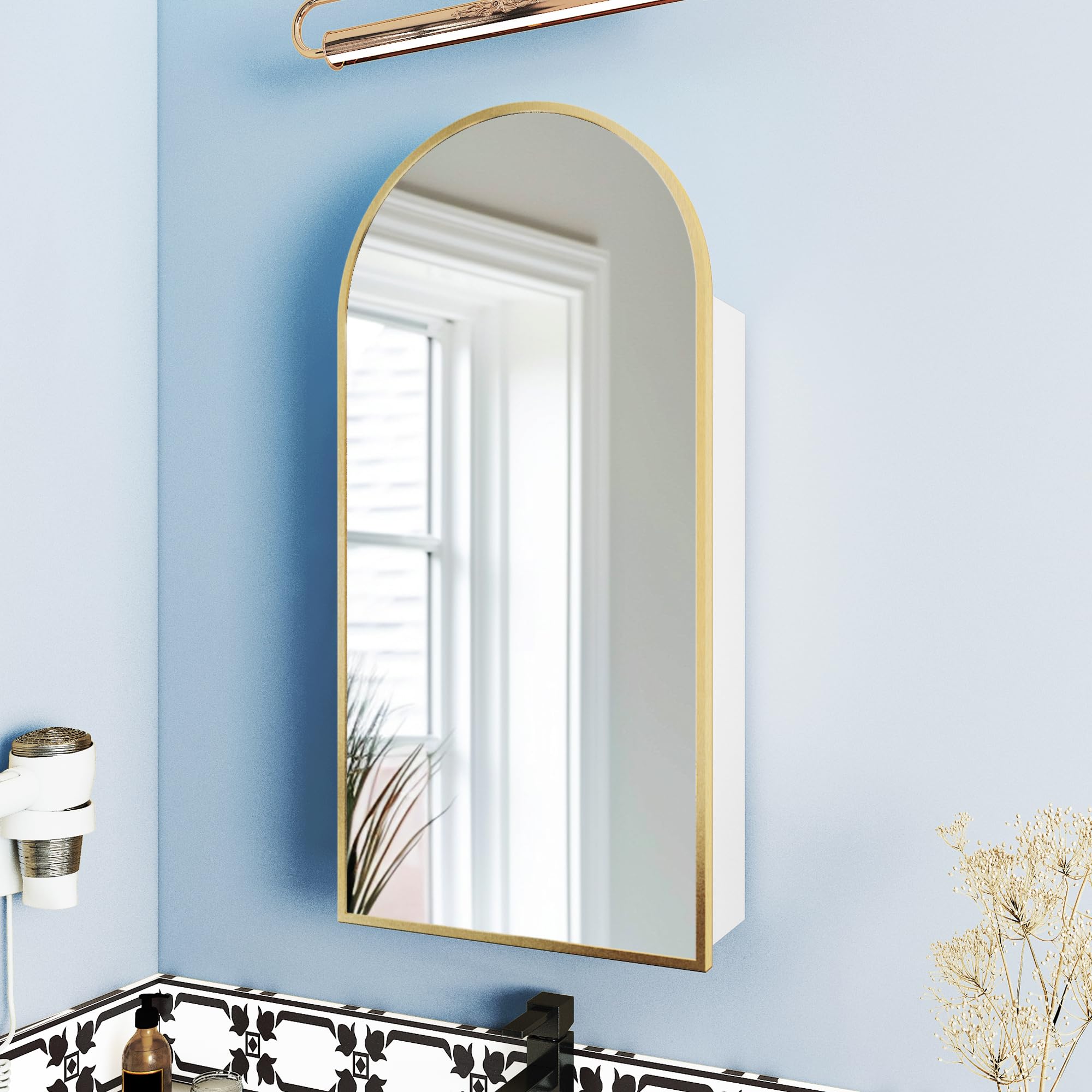 FKWin Arched Medicine Cabinet with Mirror - Bathroom Storage Mirror, Aluminum Alloy Vanity Cabinet with 3 Adjustable Shelves (Not Recessed, 31.5