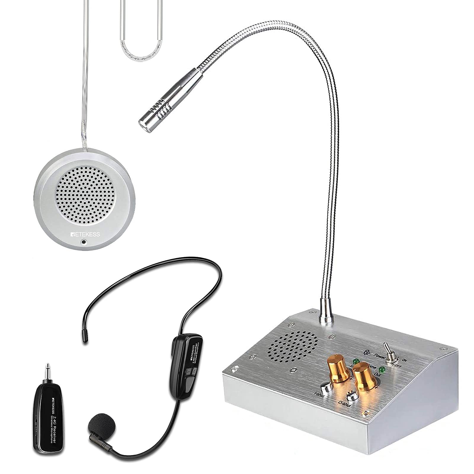 Retekess TW103 Window Speaker with TT123 Wireless Microphone Headset - Dual Way Voice Intercom System for Business, Office, Bank Counter, School & Station - Clear Communication Solution for Customer Service, Security & Public Announcements