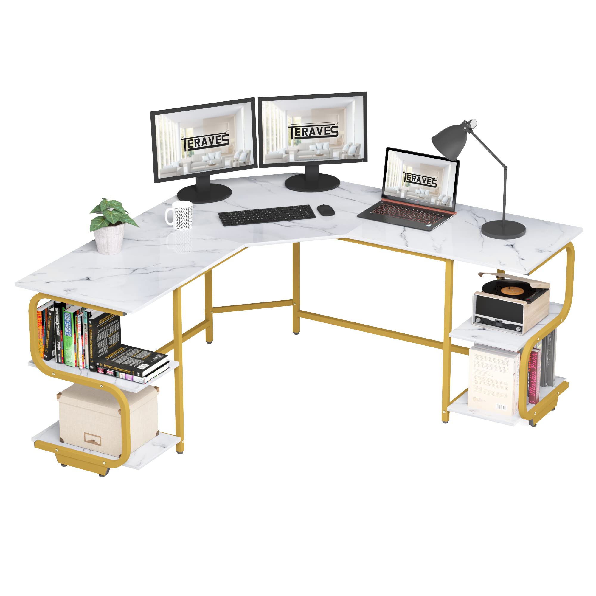 Modern L-Shaped Desk with Shelves - 64.84