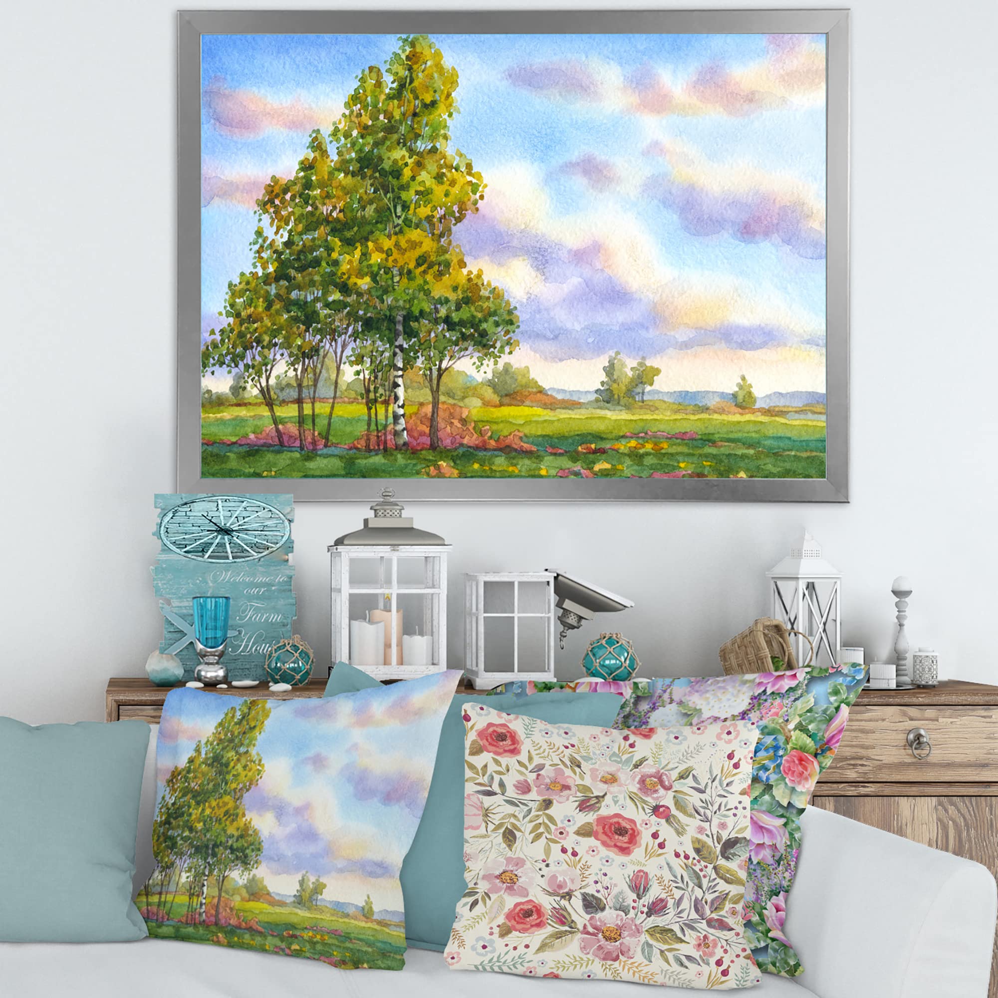 DesignQ Traditional Framed Wall Art - Evening Landscape with Trees Painting - Perfect for Living Room, Bedroom & Office Decor