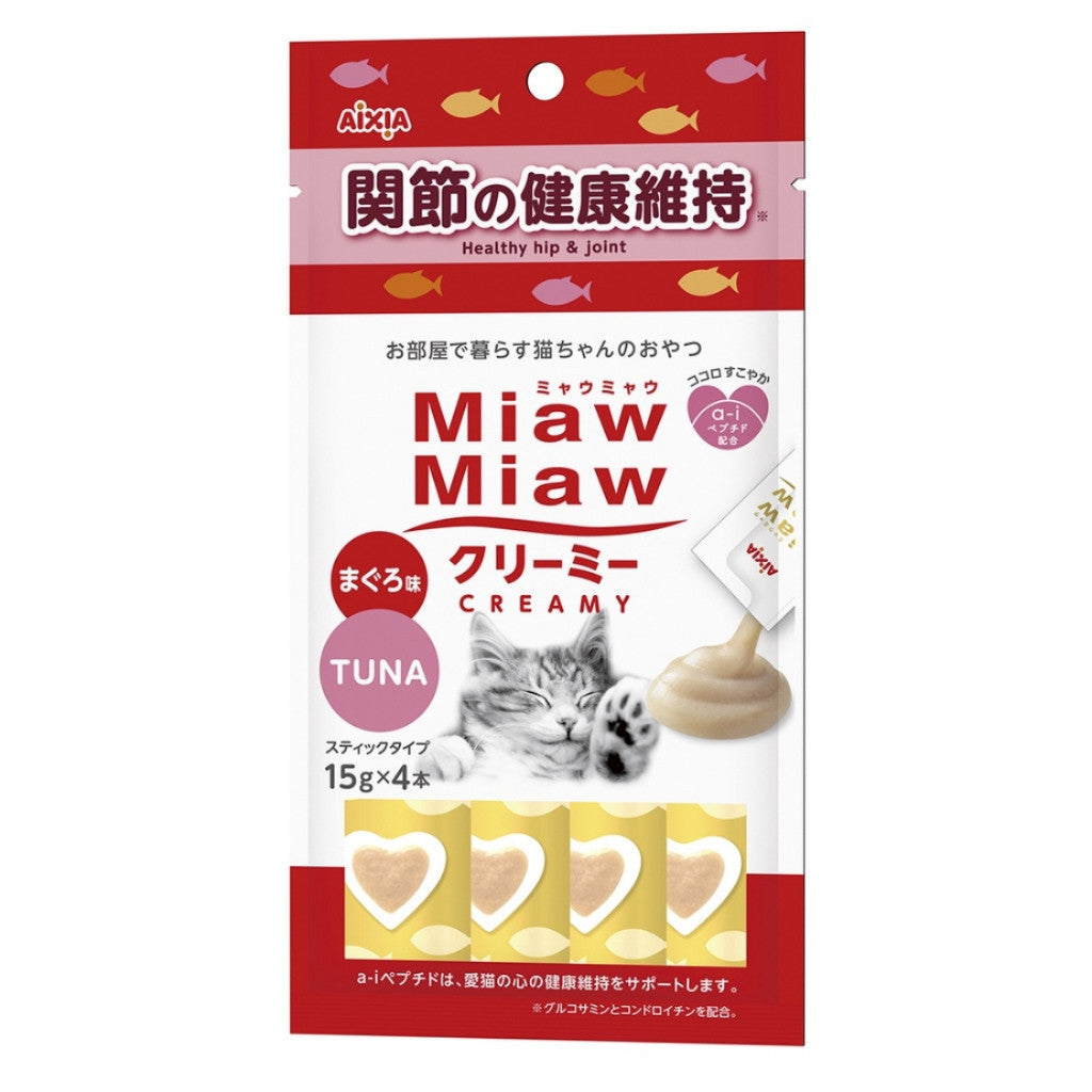 Aixia Miaw Miaw Creamy Purée Cat Treats 15g x4 Pack - Healthy & Delicious Creamy Cat Snacks for Adult & Senior Cats - Perfect for Training, Rewards or Bonding Time with Your Feline Friend