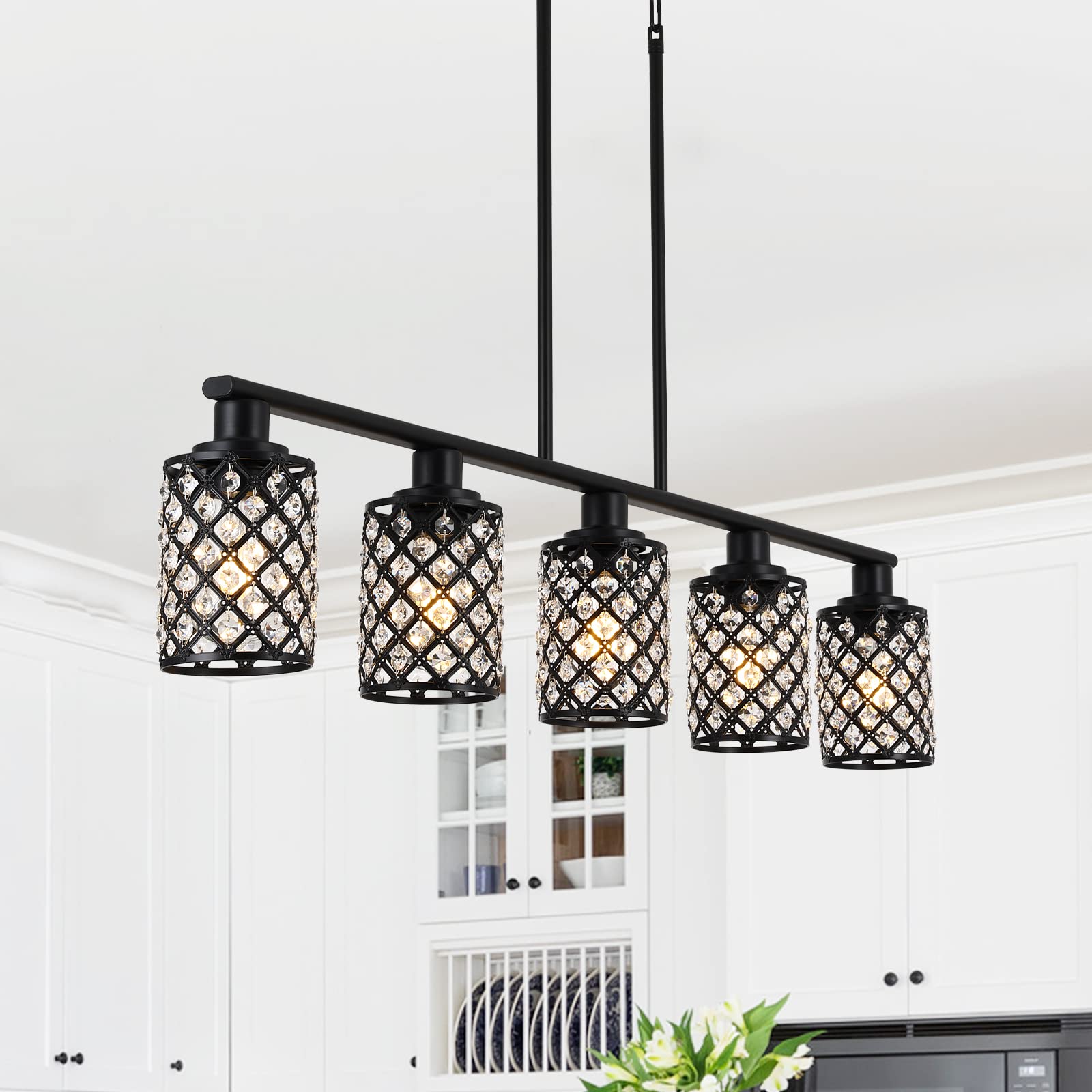 5-Light Black Linear Chandelier with Handmade Crystal Shade - Modern Kitchen Island Lighting & Dining Room Pendant Fixture for Tables | Perfect for Farmhouse, Contemporary Kitchens & Dining Areas