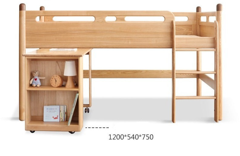 Solid Oak Wood Mid-High Bed with Slanted Ladder - Sturdy Adult Loft Bed for Small Spaces, Dorm Rooms & Modern Apartments