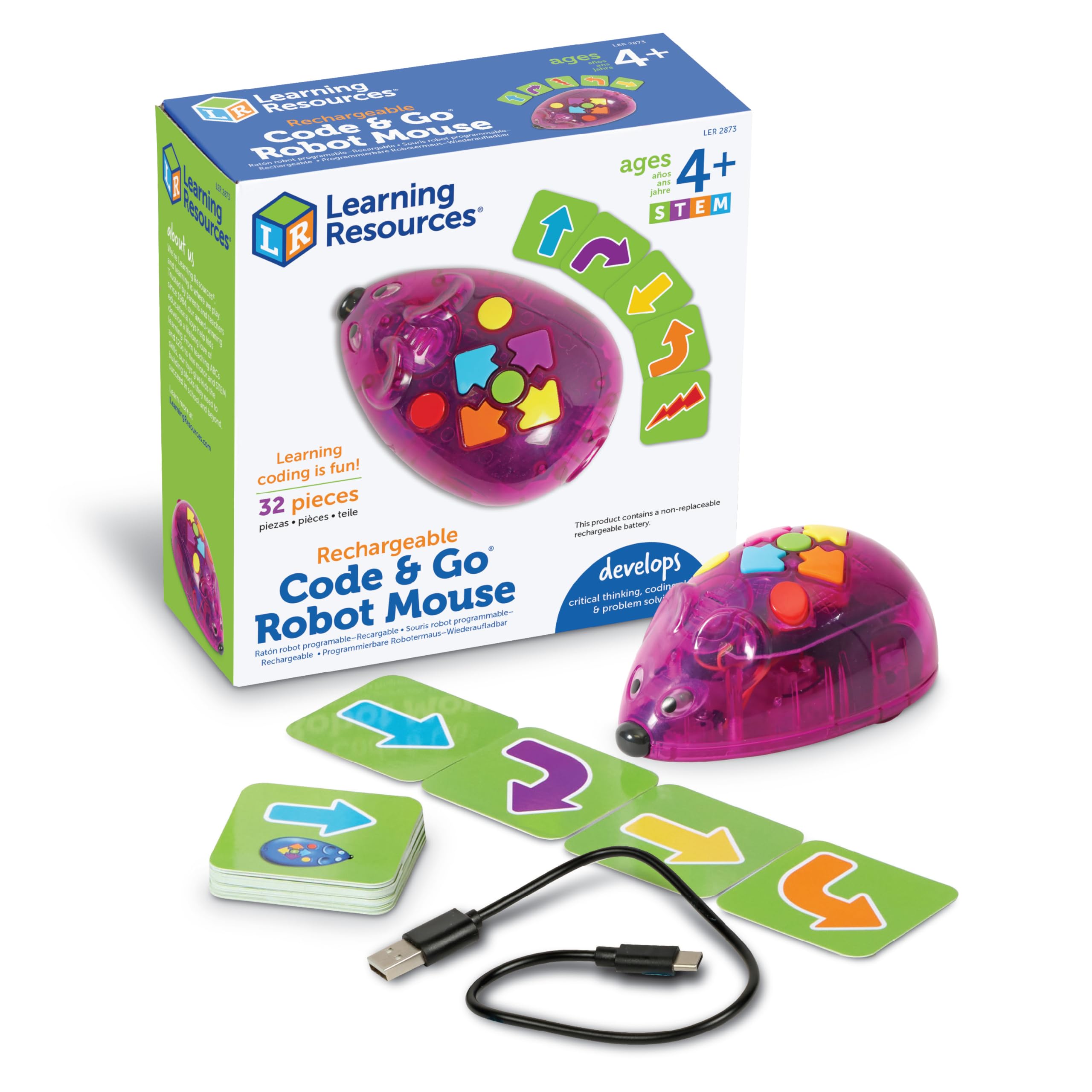Learning Resources Rechargeable Code & Go Robot Mouse - STEM Coding Toy for Kids Ages 4+, Educational Programmable Robot for Boys & Girls - Perfect for Classroom STEM Activities & Home Learning Play