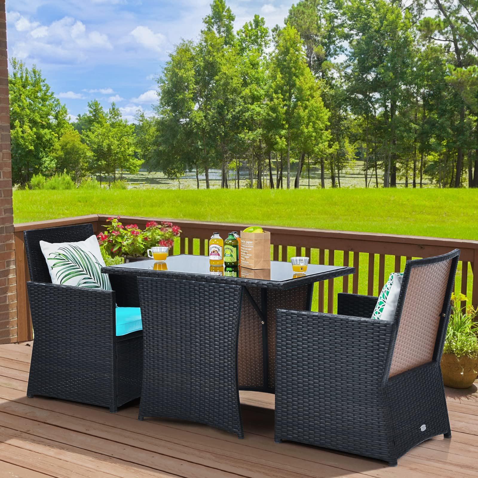 HAPPYGRILL 3-Piece Outdoor Wicker Bistro Set - PE Rattan Dining Table with Cushioned Chairs, Patio Conversation Set for Backyard, Porch, Garden & Poolside - Perfect for Outdoor Dining, Relaxing & Entertaining