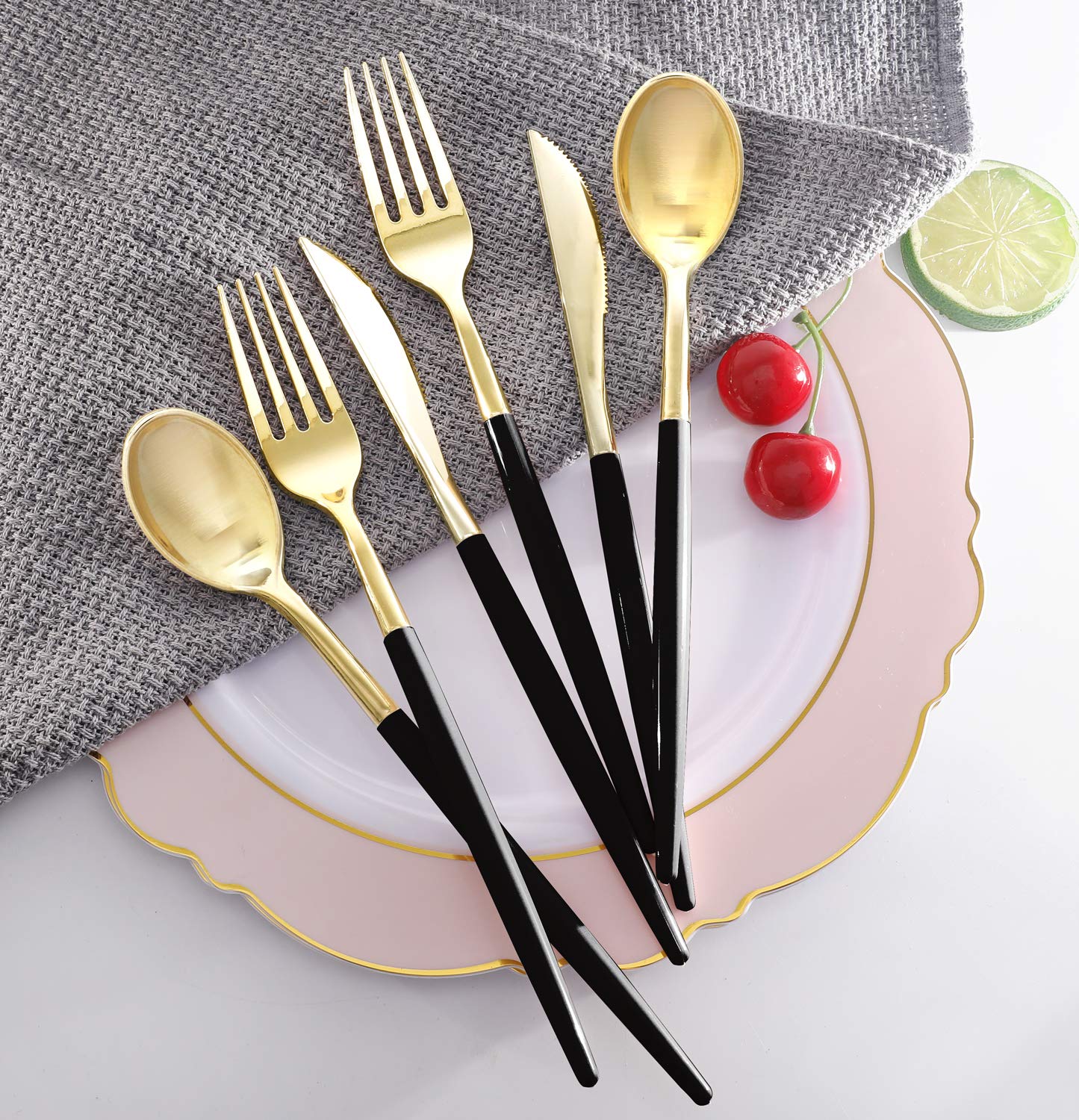 Supernal 34-Piece Gold Plastic Silverware Set with Black Handles - Includes 30 Gold-Rimmed Black Dinner Plates & 30 Appetizer Plates - Elegant Disposable Cutlery for Parties, Weddings, Birthdays & Formal Events