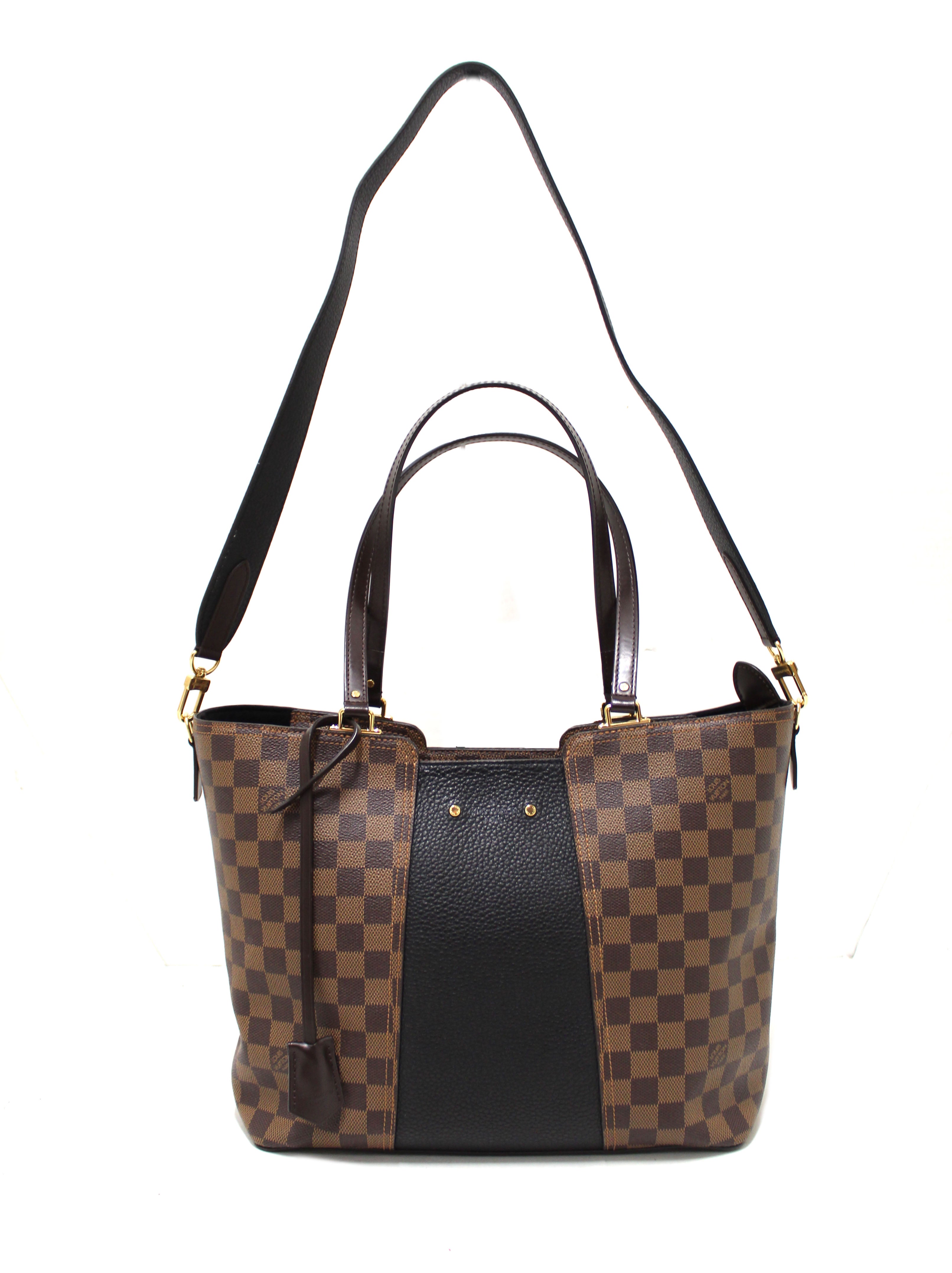 Authentic Louis Vuitton Damier Ebene Canvas Tote Bag with Black Leather Trim - Luxury Designer Handbag for Women, Perfect for Work, Travel & Everyday Use