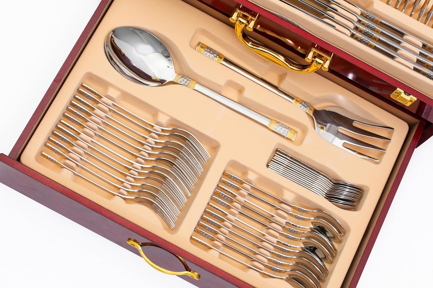 Luxor 75-Piece Flatware Set - Premium 18/10 Stainless Steel Silverware with 24K Gold Accents - 12-Person Dining Set with Wooden Storage Case - Elegant Tableware for Formal Dinners, Weddings & Holiday Entertaining