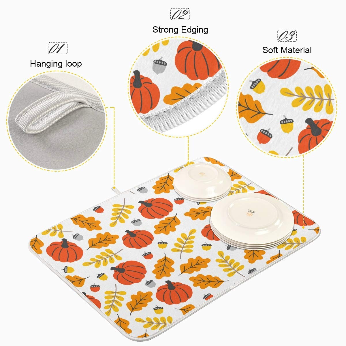 Fall Pumpkin Maple Leaves Dish Drying Mat - Fast Absorbent Kitchen Counter Mat for Thanksgiving Dishes