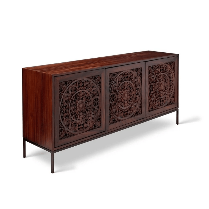 Hand Carved Solid Wood Three Door Brown Sideboard - Modern Wooden Credenza for Dining Room, Living Room & Entryway Storage | Rustic Home Decor Furniture